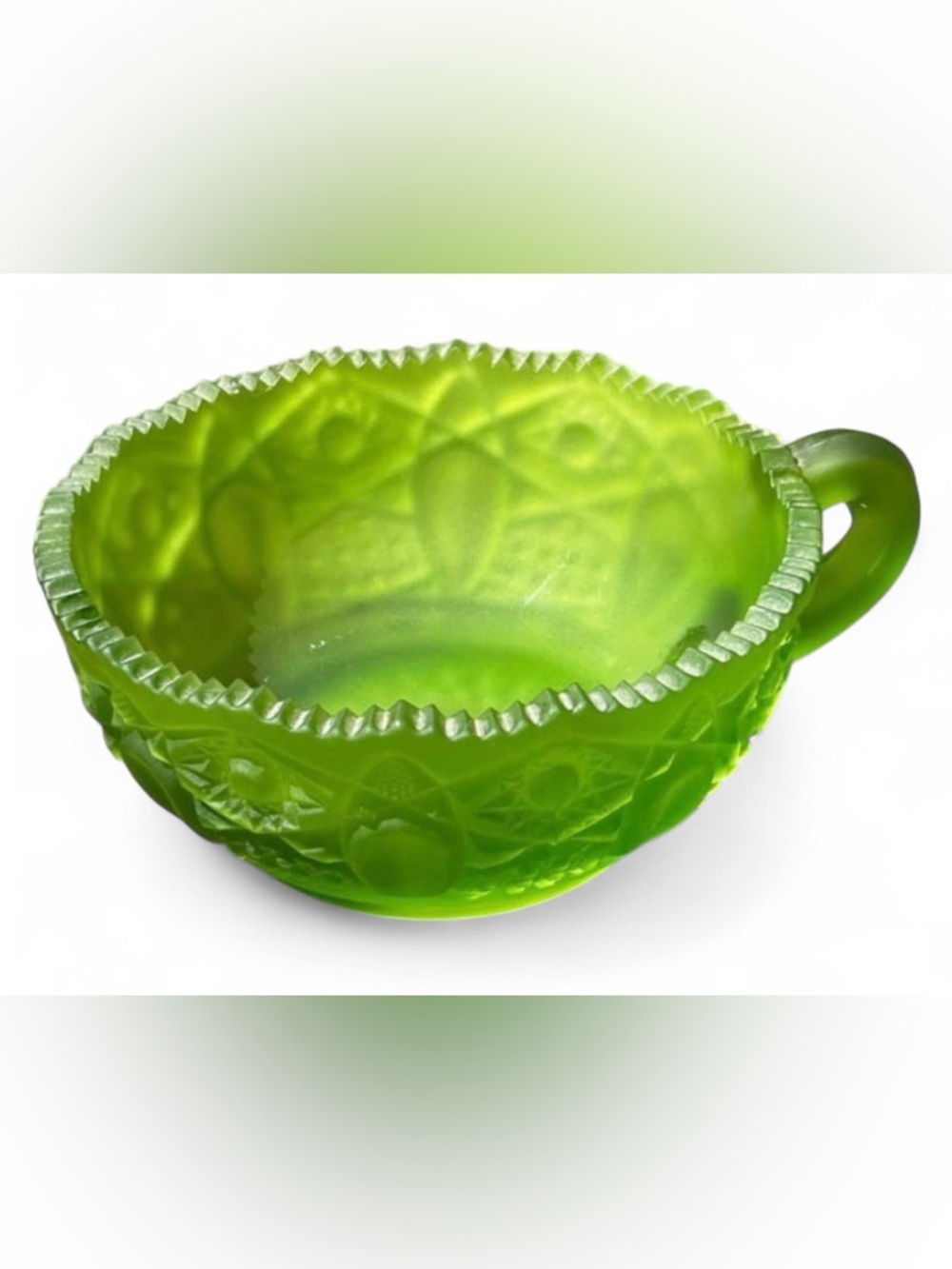 Vintage Frosted Green Glass Handled Cup / Bowl / Nappy, Kitchenware Collectible